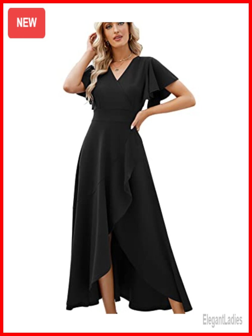 Formal Evening Gown Maxi Dress V-Neck Ruffled Sleeve Wedding Guest